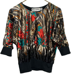 Vintage 80s Western Connection Velvet Metallic Floral Batwing Top Size M Retro